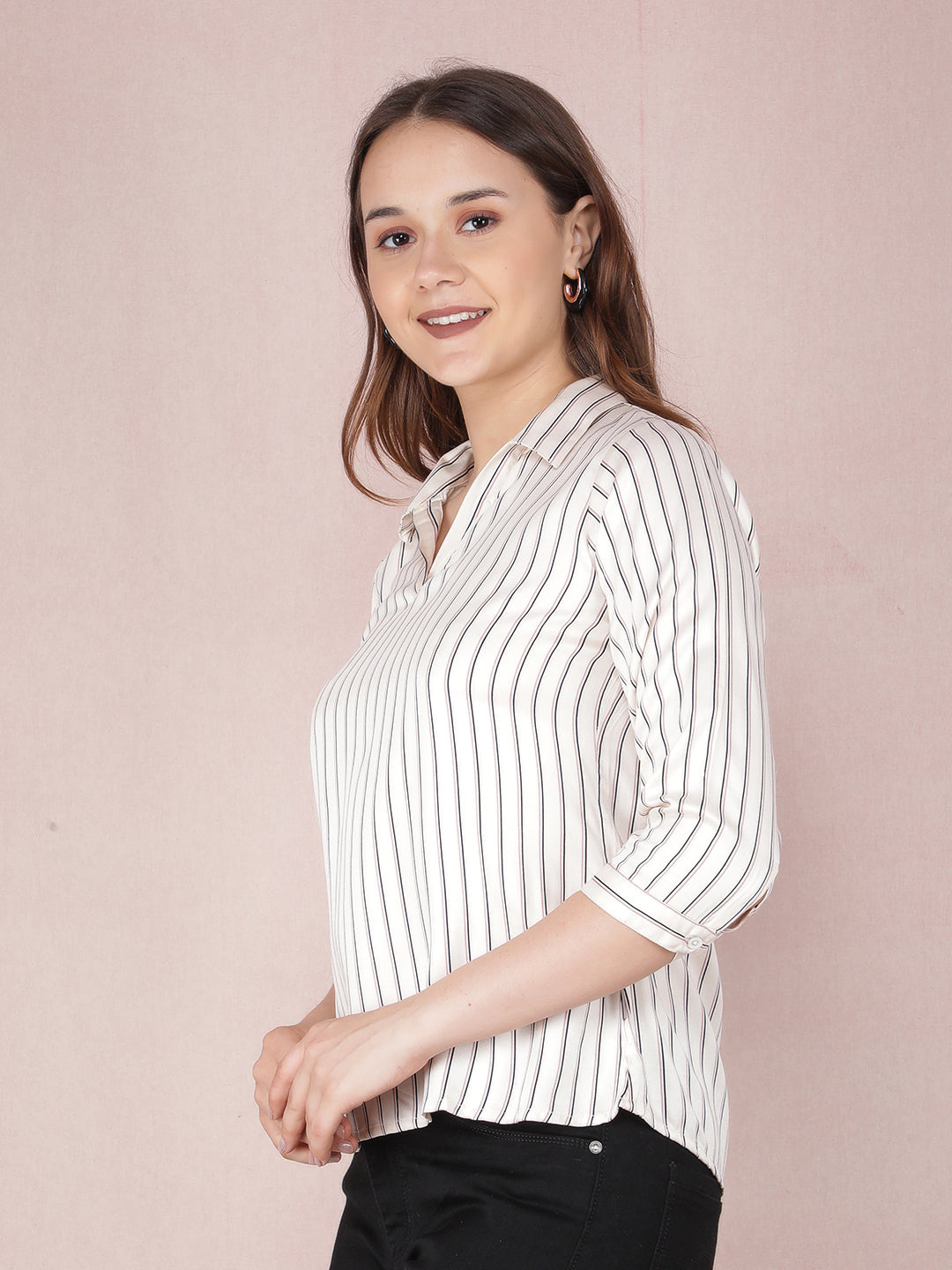 Cream Vertical Stripes Top-Women Tops-Crimsoune Club