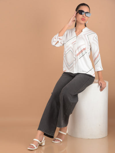 Beige Printed V-Neck Top-Women Tops-Crimsoune Club