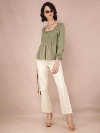 Green Jacquard Top-Women Tops-Crimsoune Club