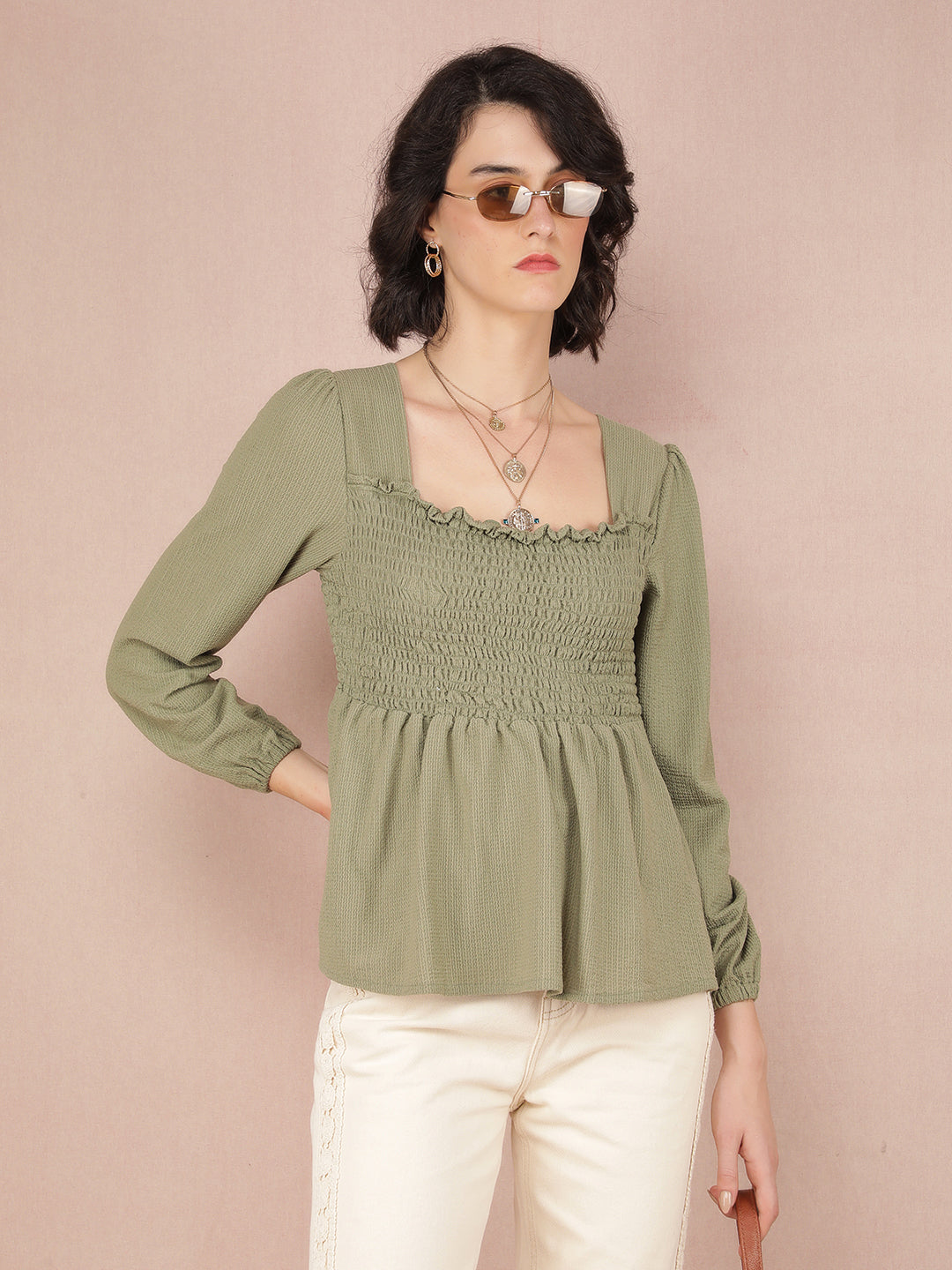 Green Jacquard Top-Women Tops-Crimsoune Club