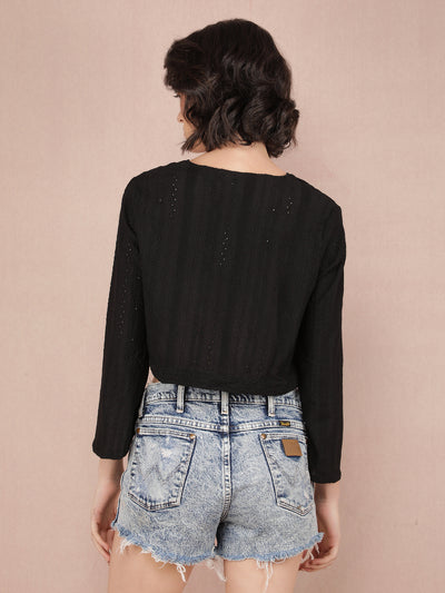 Black Jacquard V-Neck Crop Length Top-Women Tops-Crimsoune Club