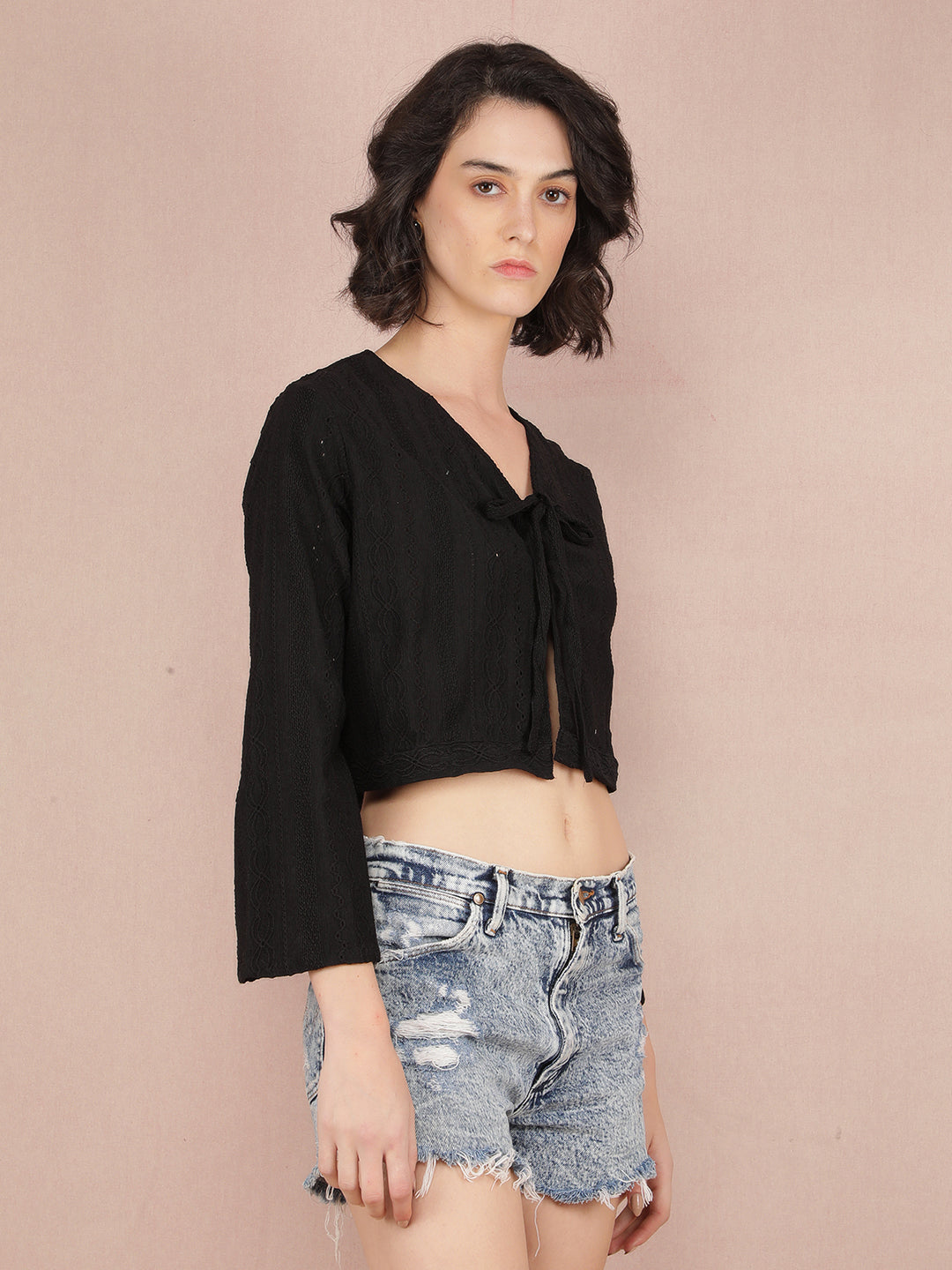 Black Jacquard V-Neck Crop Length Top-Women Tops-Crimsoune Club