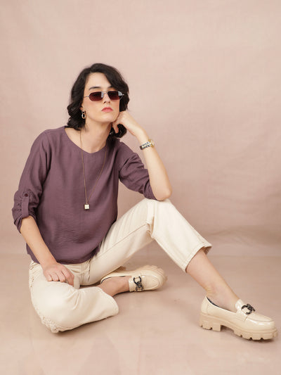 Purple V-Neck Top-Women Tops-Crimsoune Club