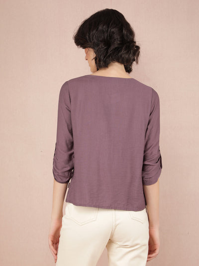 Purple V-Neck Top-Women Tops-Crimsoune Club