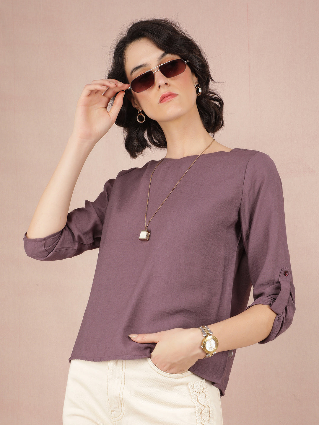 Purple V-Neck Top-Women Tops-Crimsoune Club