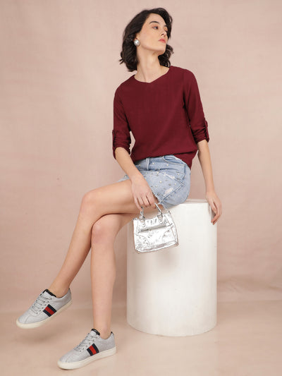 Wine V-Neck Top-Women Tops-Crimsoune Club