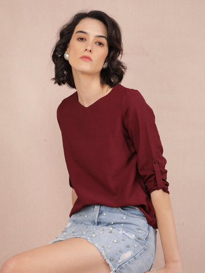 Wine V-Neck Top-Women Tops-Crimsoune Club