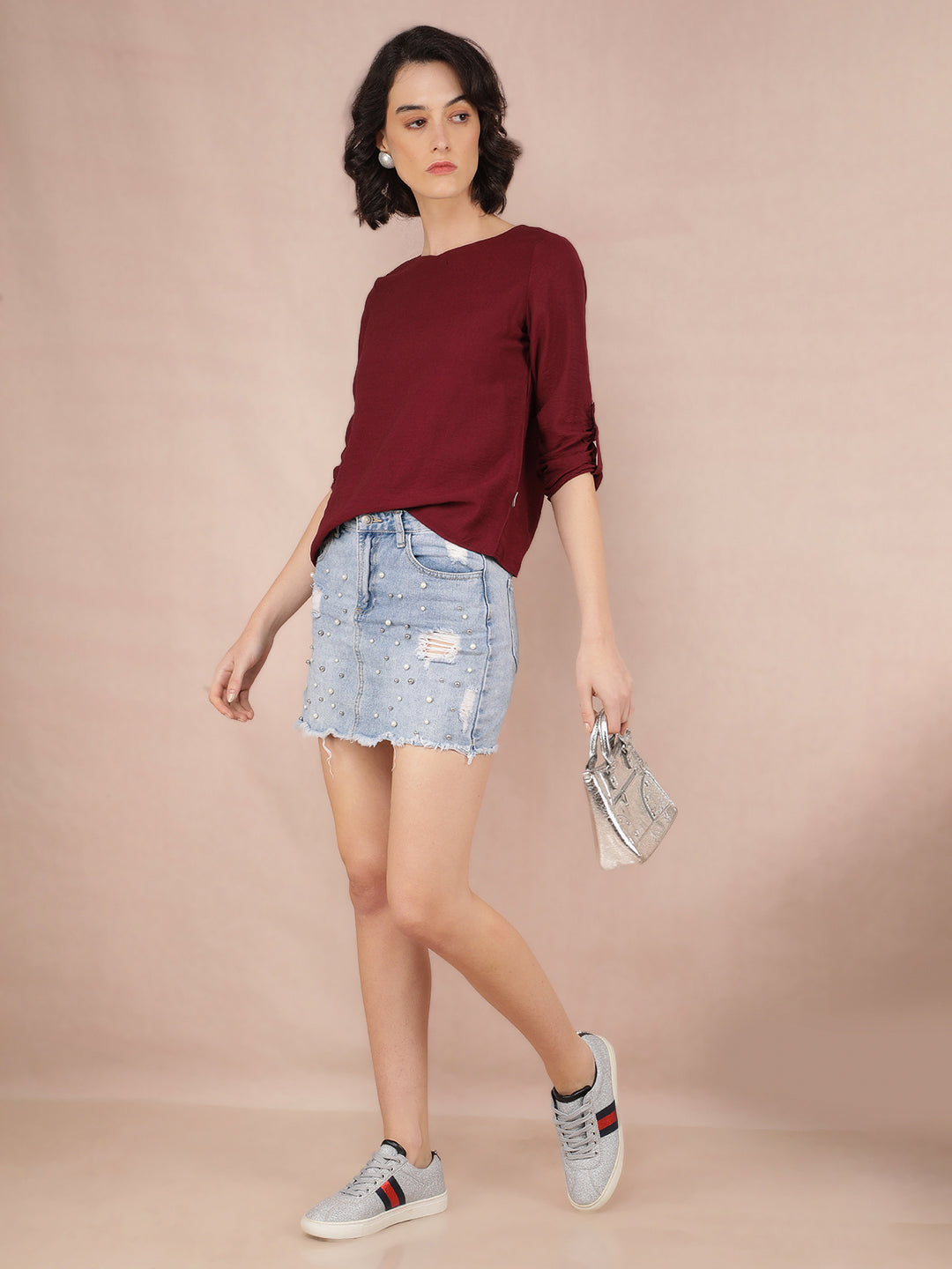 Wine V-Neck Top-Women Tops-Crimsoune Club