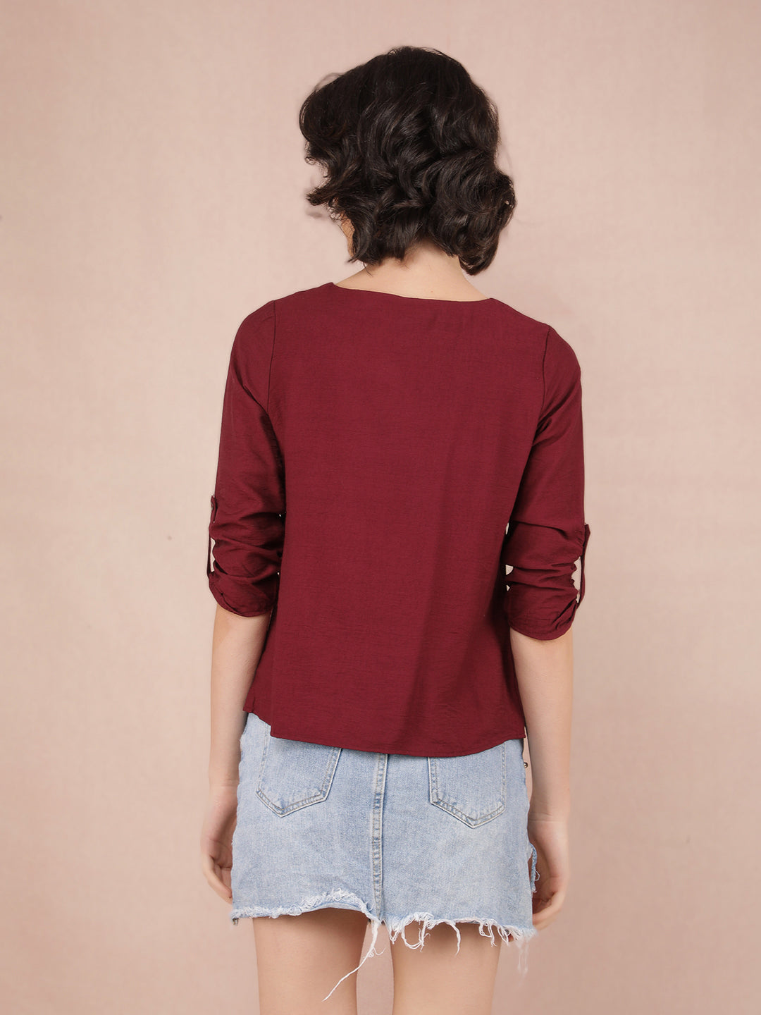 Wine V-Neck Top-Women Tops-Crimsoune Club