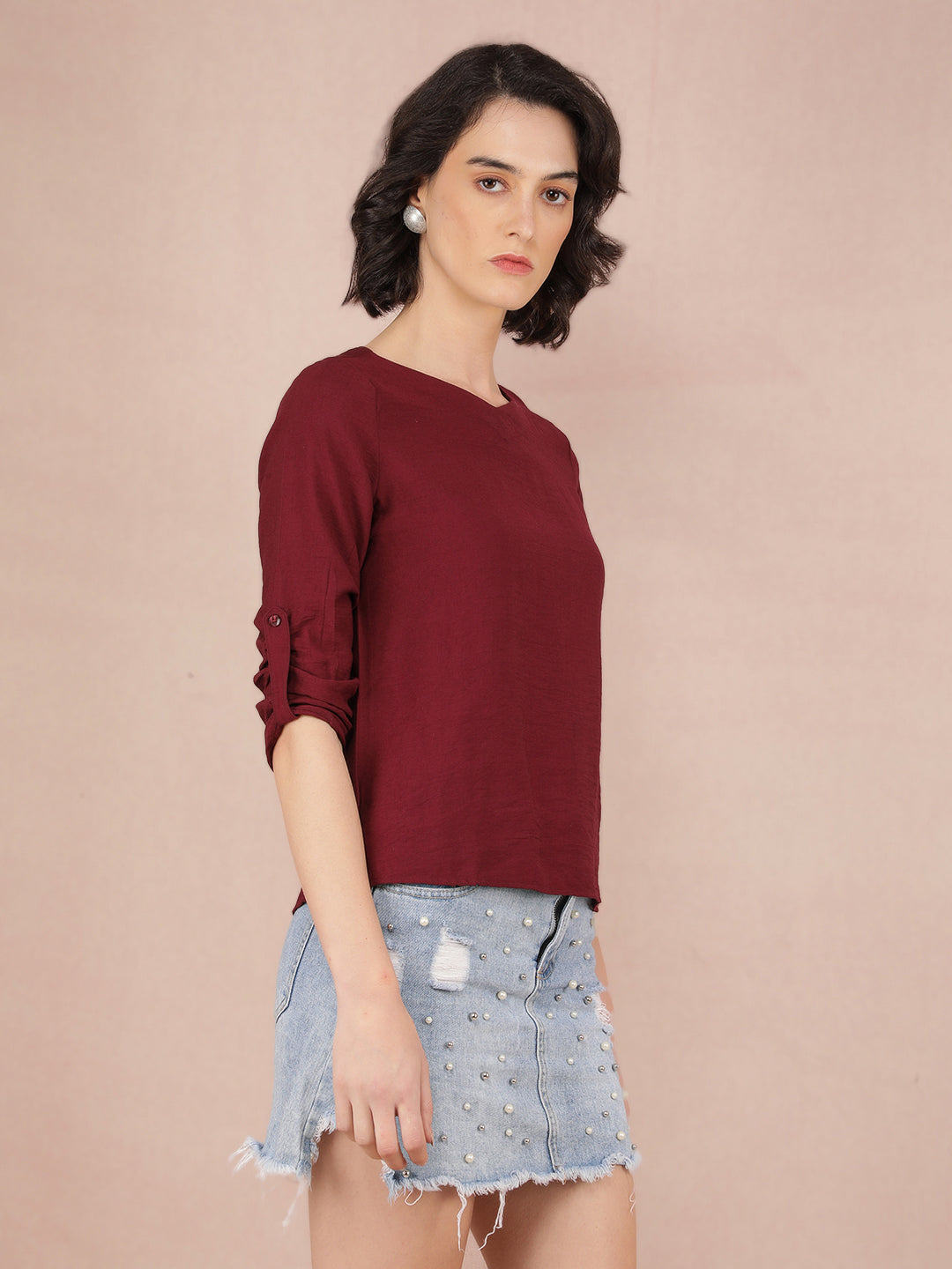 Wine V-Neck Top-Women Tops-Crimsoune Club