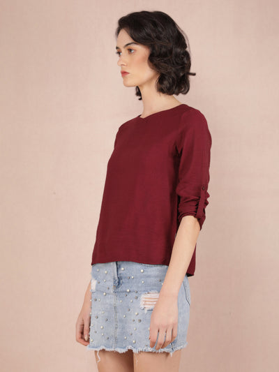 Wine V-Neck Top-Women Tops-Crimsoune Club