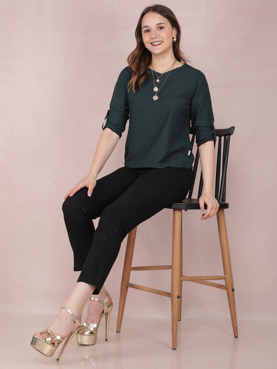 Green V-Neck Top-Women Tops-Crimsoune Club