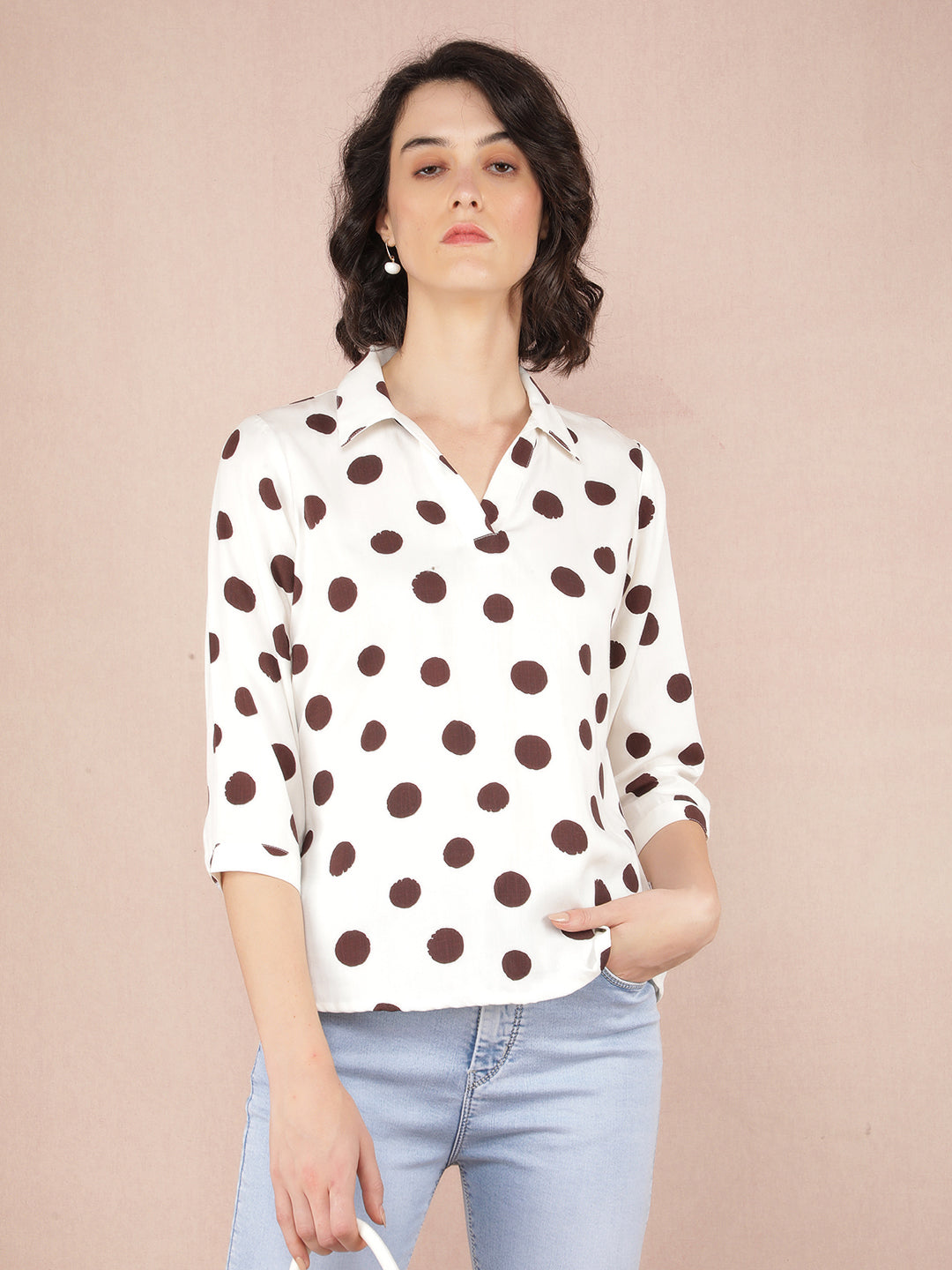 Brown Polka Dots Top-Women Tops-Crimsoune Club