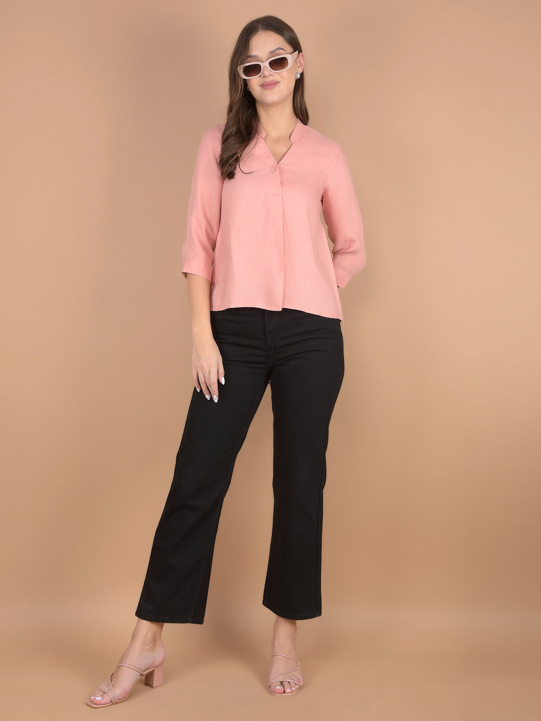 Pink V-Neck Top-Women Tops-Crimsoune Club