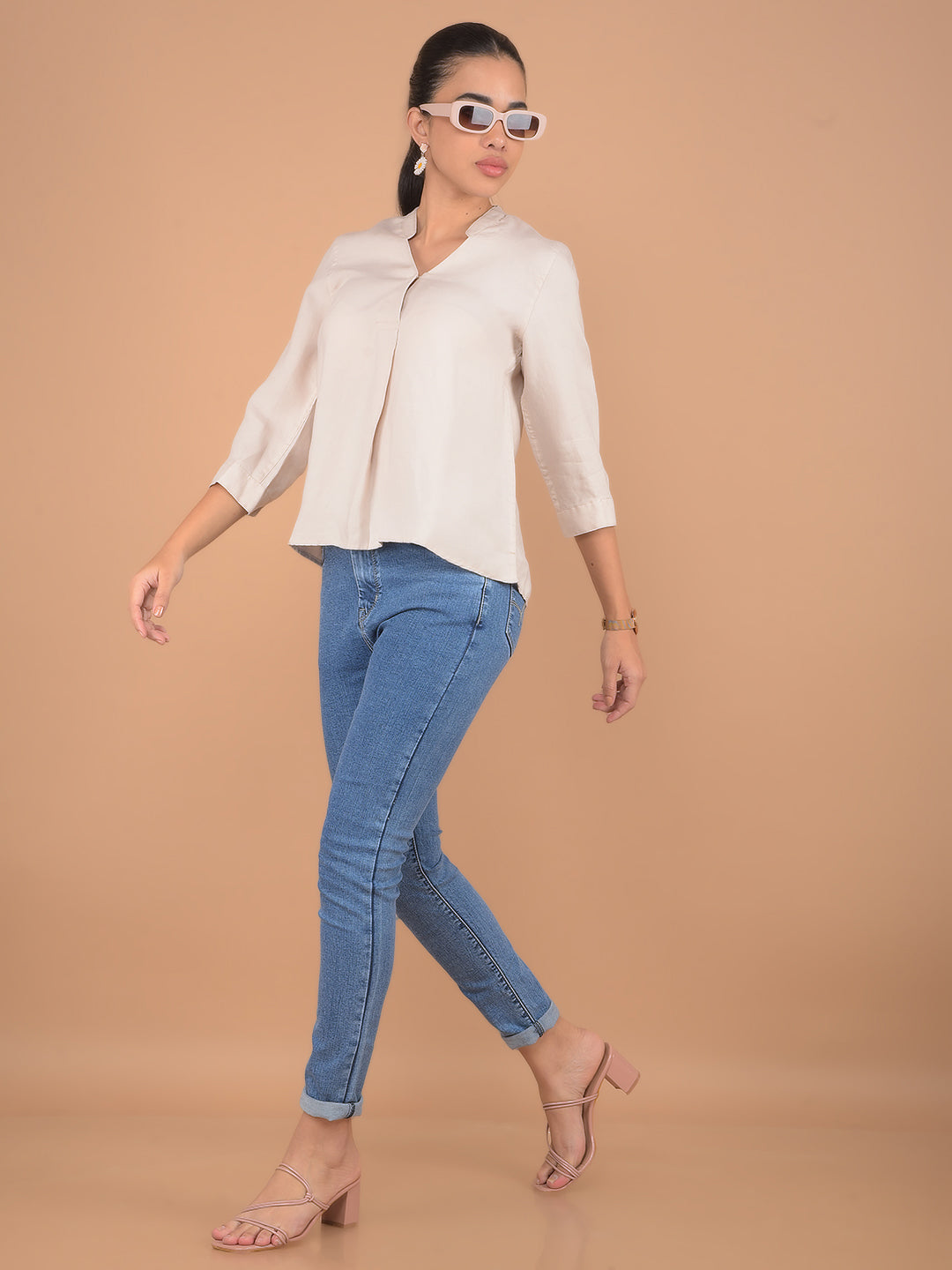 Beige V-Neck Top-Women Tops-Crimsoune Club