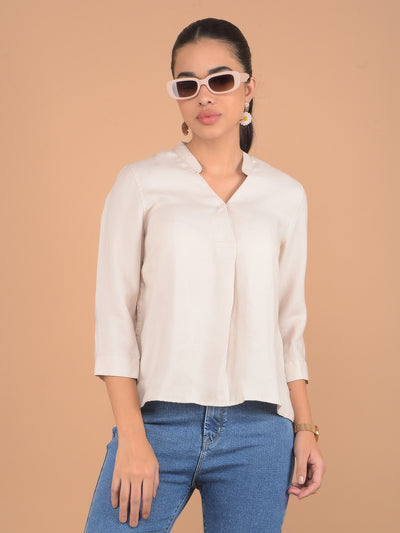 Beige V-Neck Top-Women Tops-Crimsoune Club