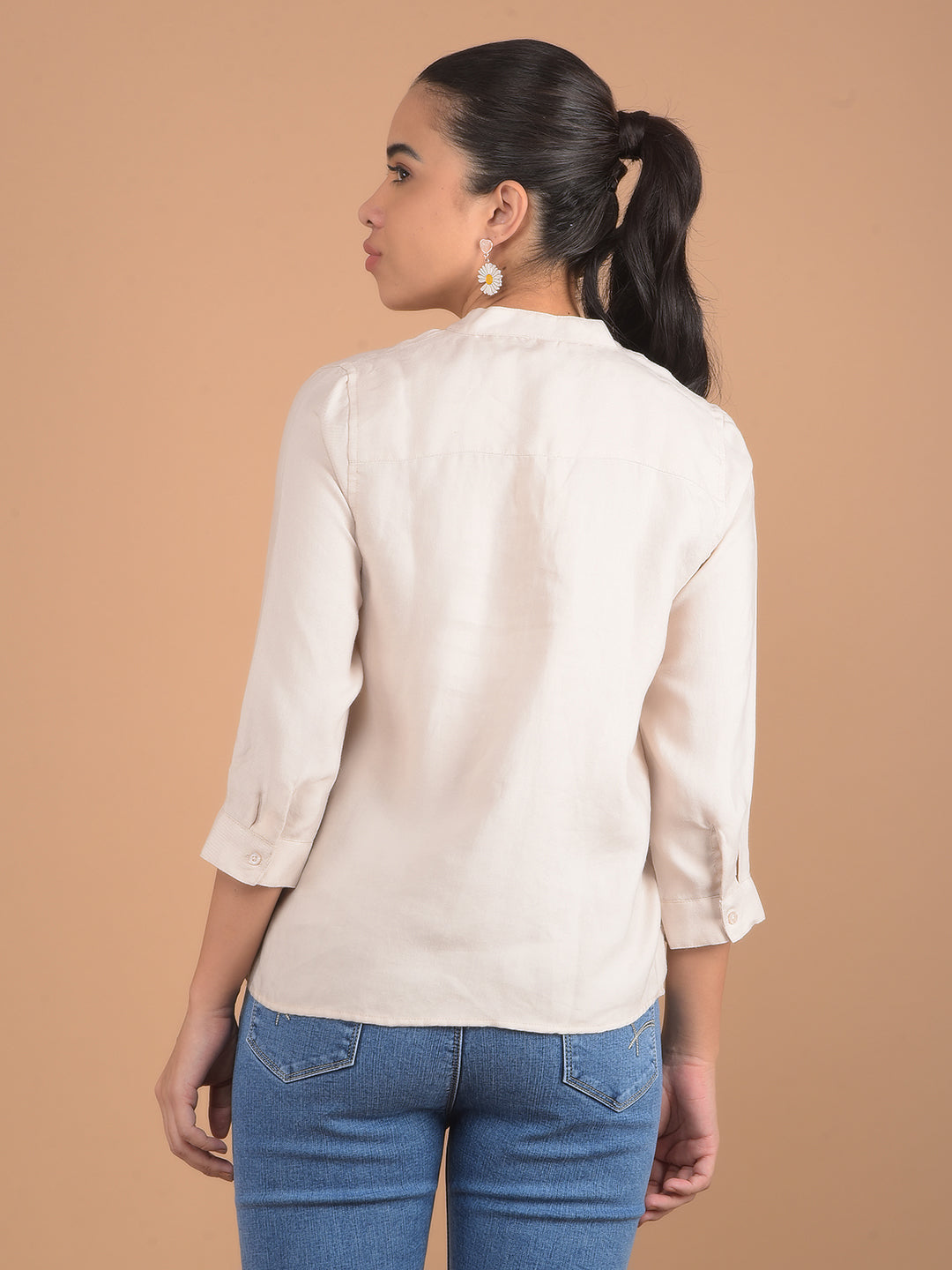 Beige V-Neck Top-Women Tops-Crimsoune Club