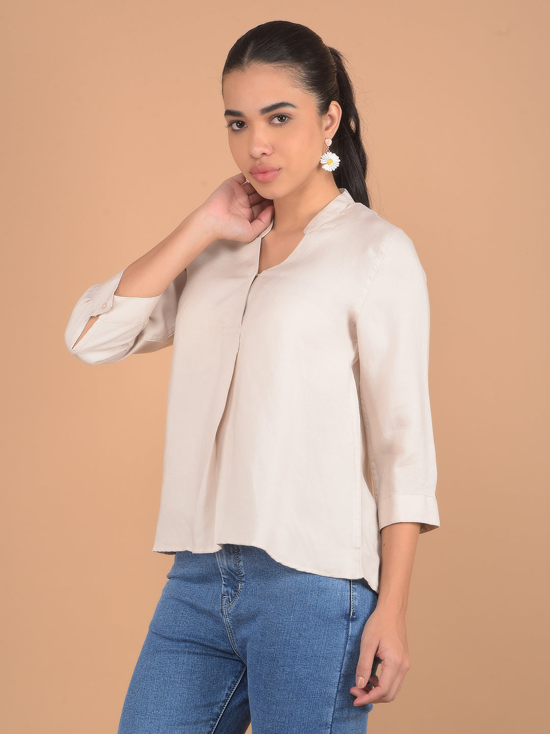 Beige V-Neck Top-Women Tops-Crimsoune Club