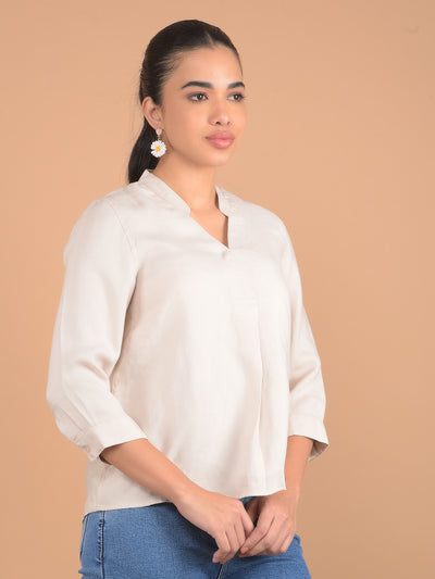 Beige V-Neck Top-Women Tops-Crimsoune Club