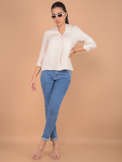 Beige V-Neck Top-Women Tops-Crimsoune Club