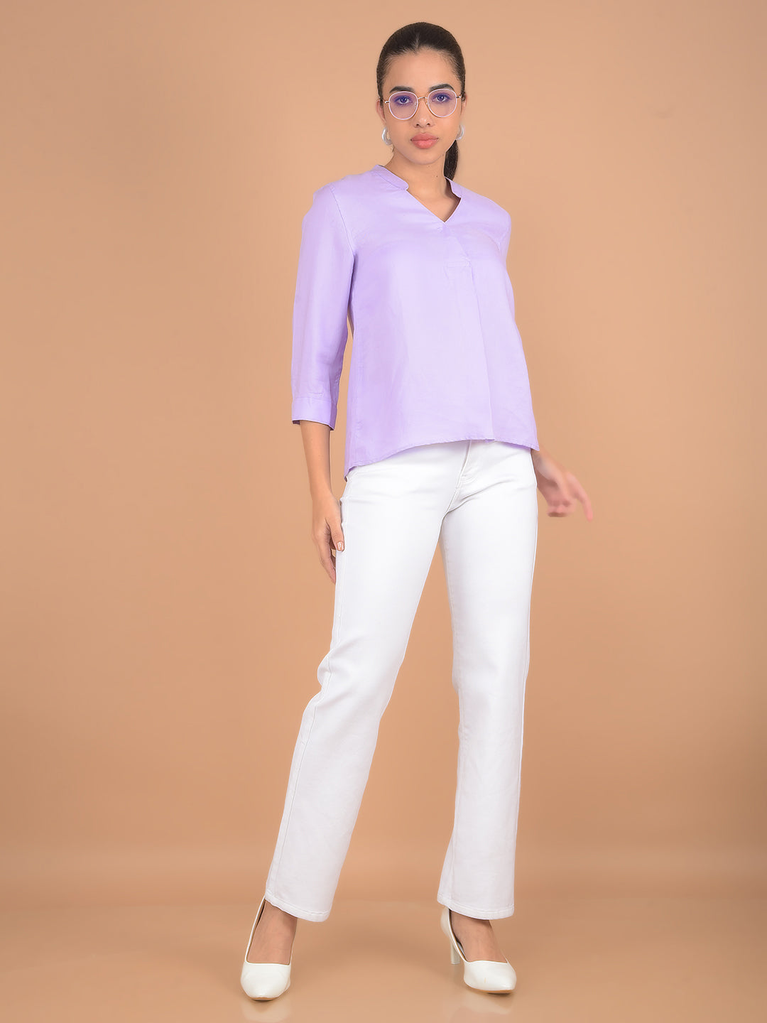 Purple V-Neck Top-Women Tops-Crimsoune Club