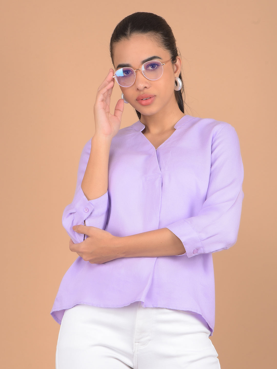 Purple V-Neck Top-Women Tops-Crimsoune Club