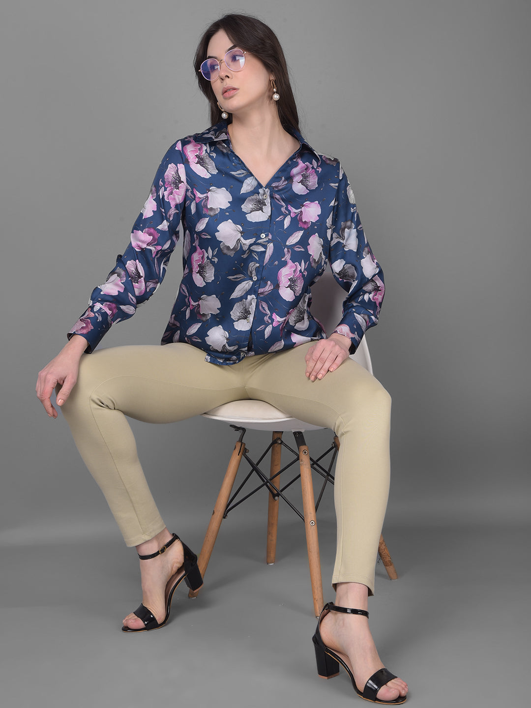 Navy Blue Floral Shirt-Women Shirts-Crimsoune Club