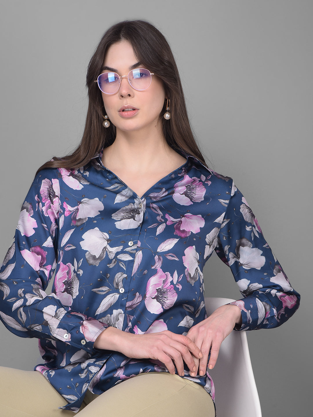 Navy Blue Floral Shirt-Women Shirts-Crimsoune Club