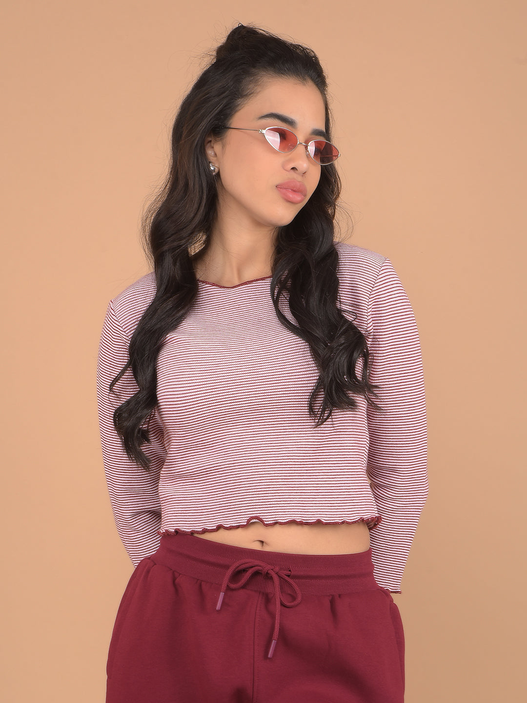 Maroon Horizontal Stripes Crop Length Knitted Top-Women Tops-Crimsoune Club