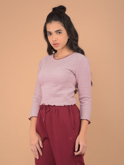 Maroon Horizontal Stripes Crop Length Knitted Top-Women Tops-Crimsoune Club