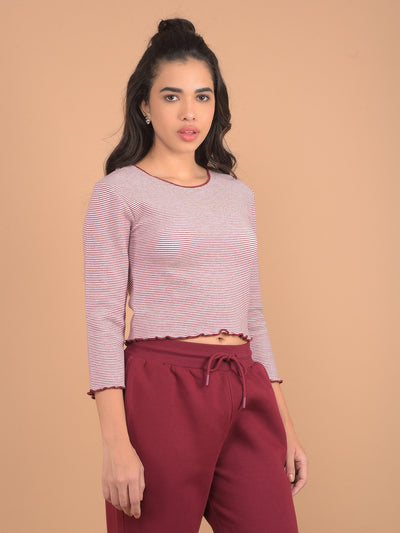 Maroon Horizontal Stripes Crop Length Knitted Top-Women Tops-Crimsoune Club