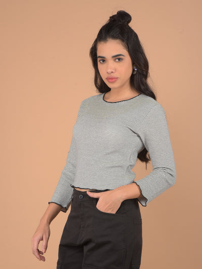 Grey Horizontal Stripes Crop Length Knitted Top-Women Tops-Crimsoune Club