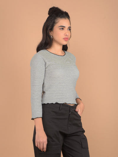 Grey Horizontal Stripes Crop Length Knitted Top-Women Tops-Crimsoune Club