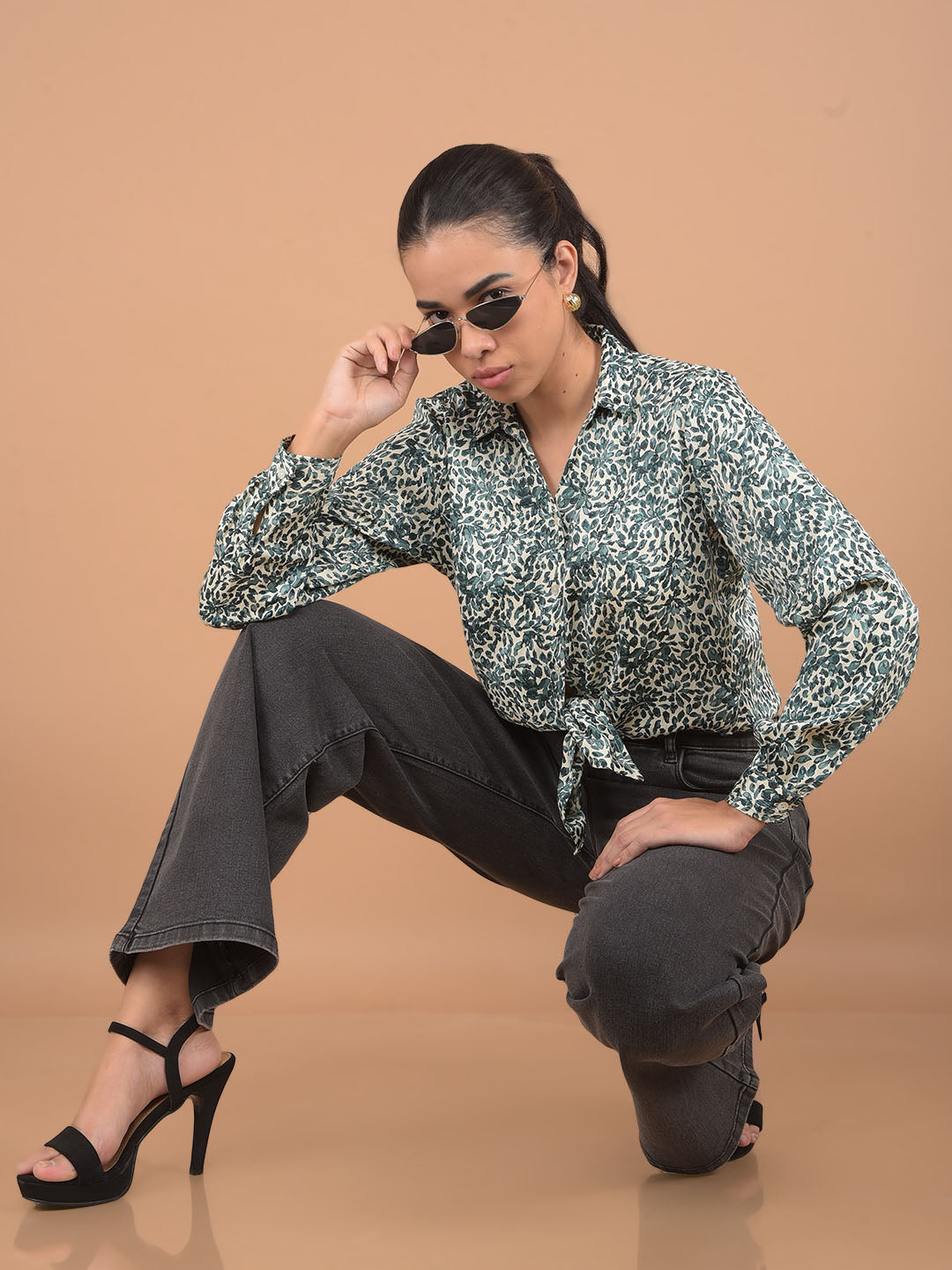 Green Floral Print Shirt-Women Shirts-Crimsoune Club