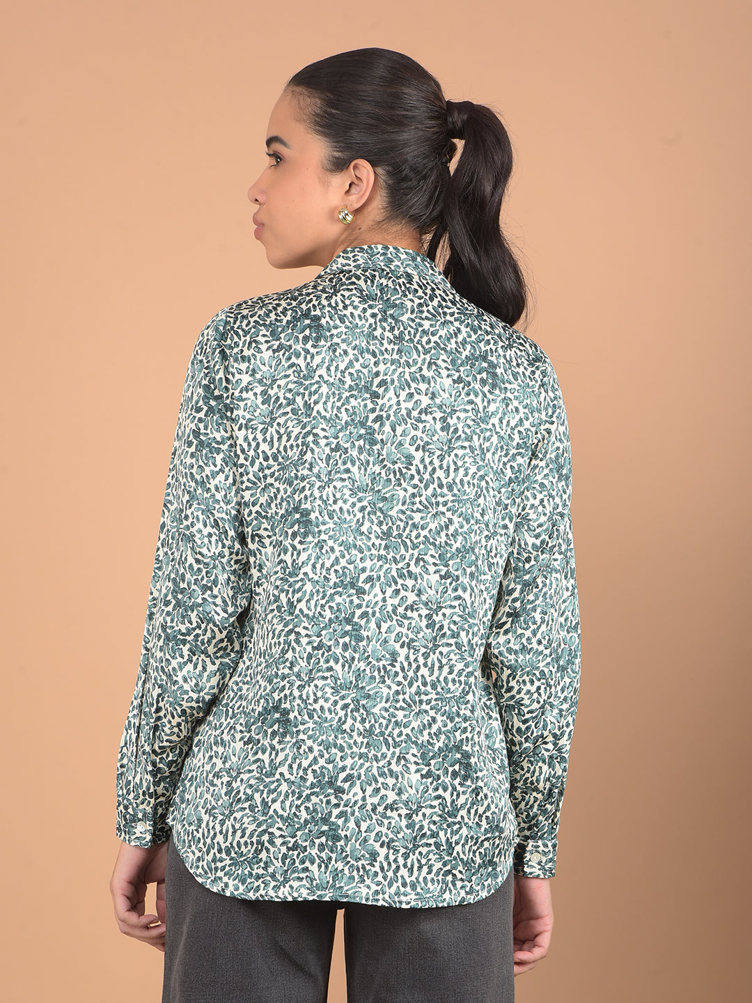 Green Floral Print Shirt-Women Shirts-Crimsoune Club