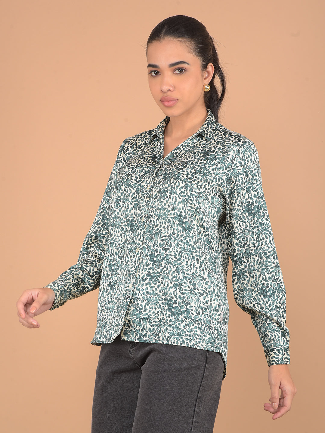 Green Floral Print Shirt-Women Shirts-Crimsoune Club