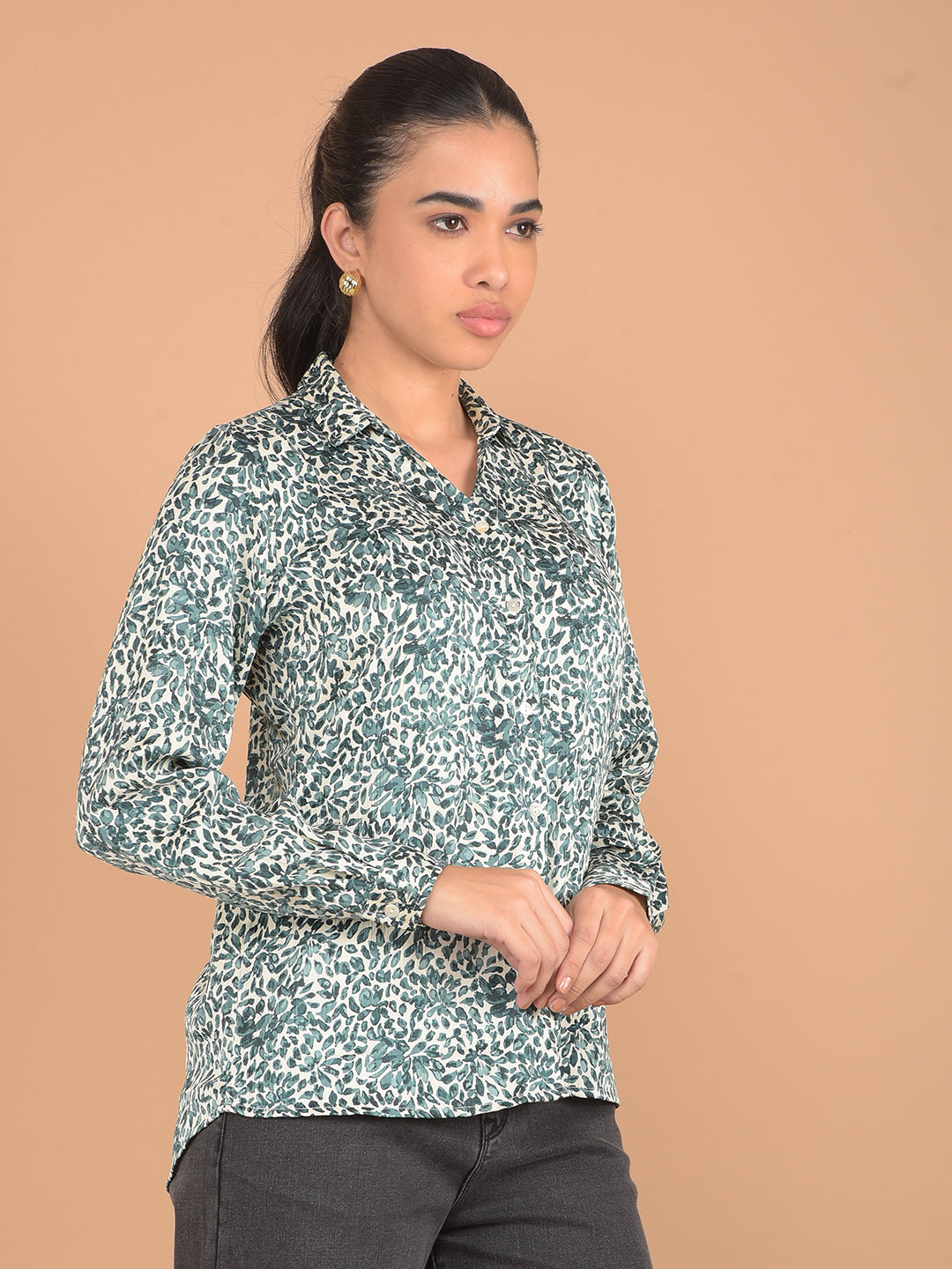 Green Floral Print Shirt-Women Shirts-Crimsoune Club