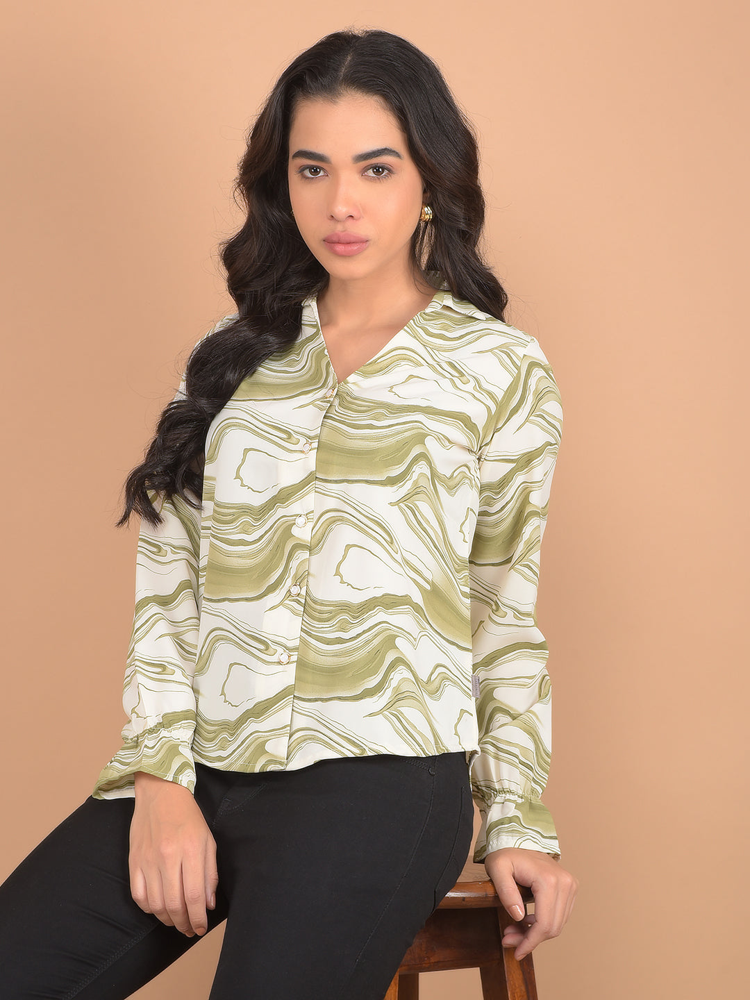 Green Abstract Print Shirt-Women Shirts-Crimsoune Club