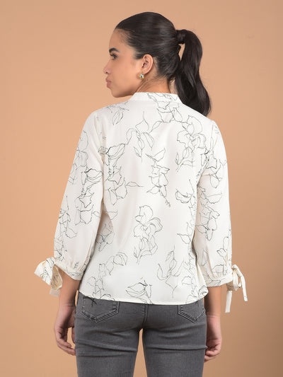 White Floral Print V-Neck Top-Women Tops-Crimsoune Club