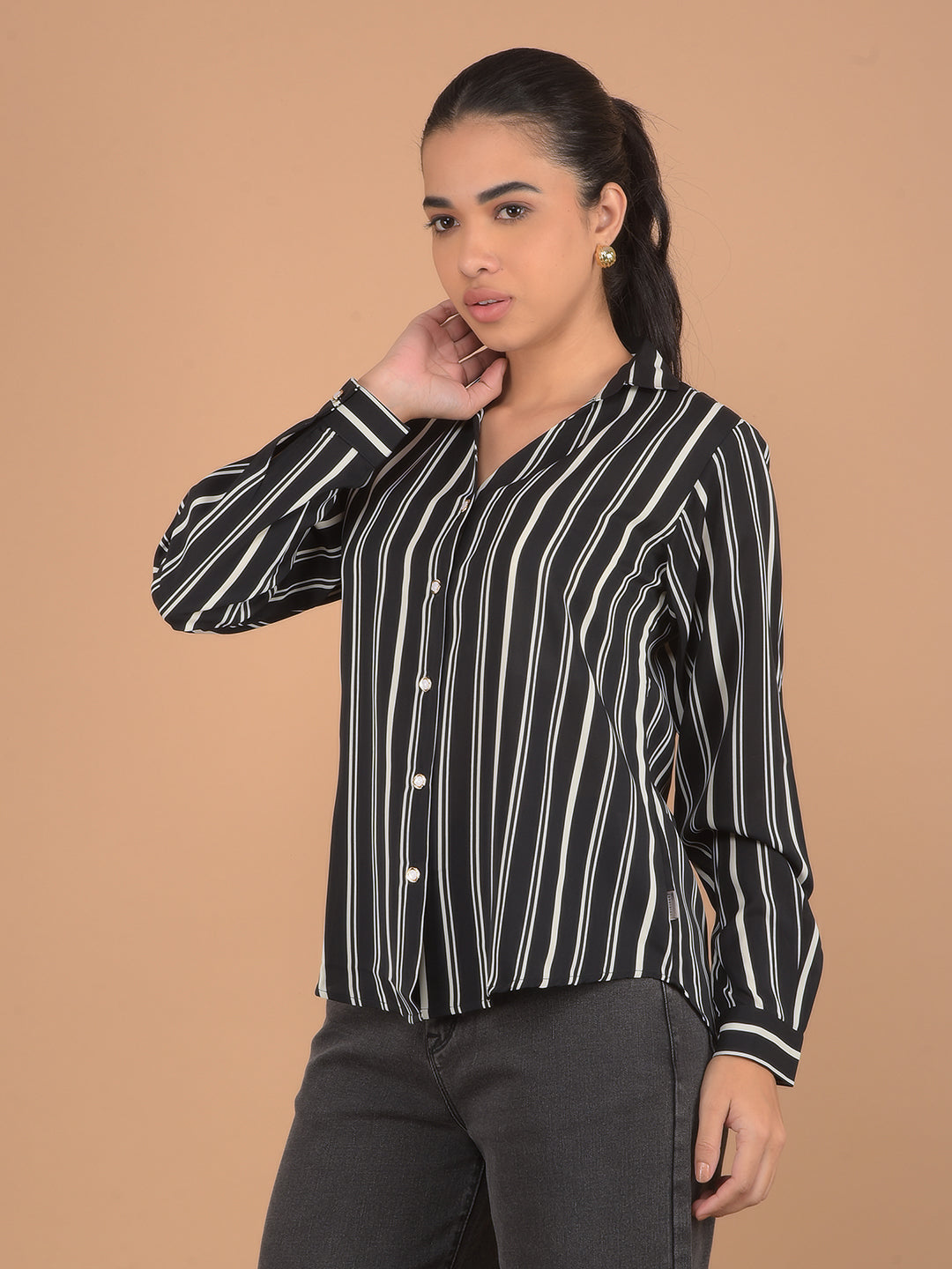 Black Vertical Stripes Shirt-Women Shirts-Crimsoune Club