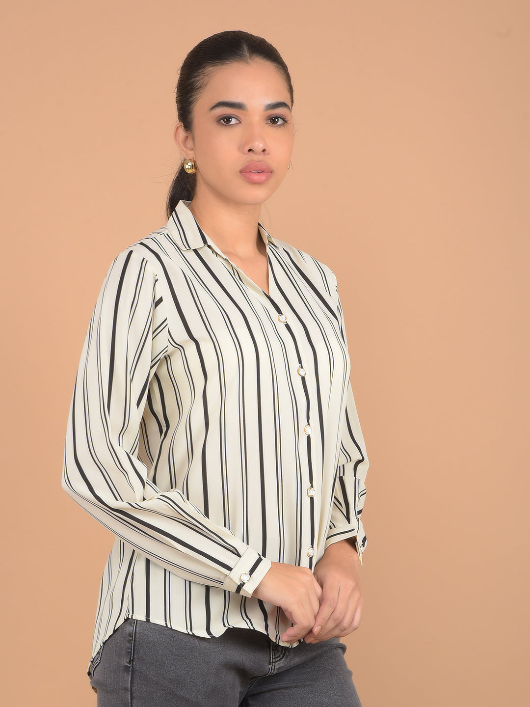 White Vertical Stripes Shirt-Women Shirts-Crimsoune Club