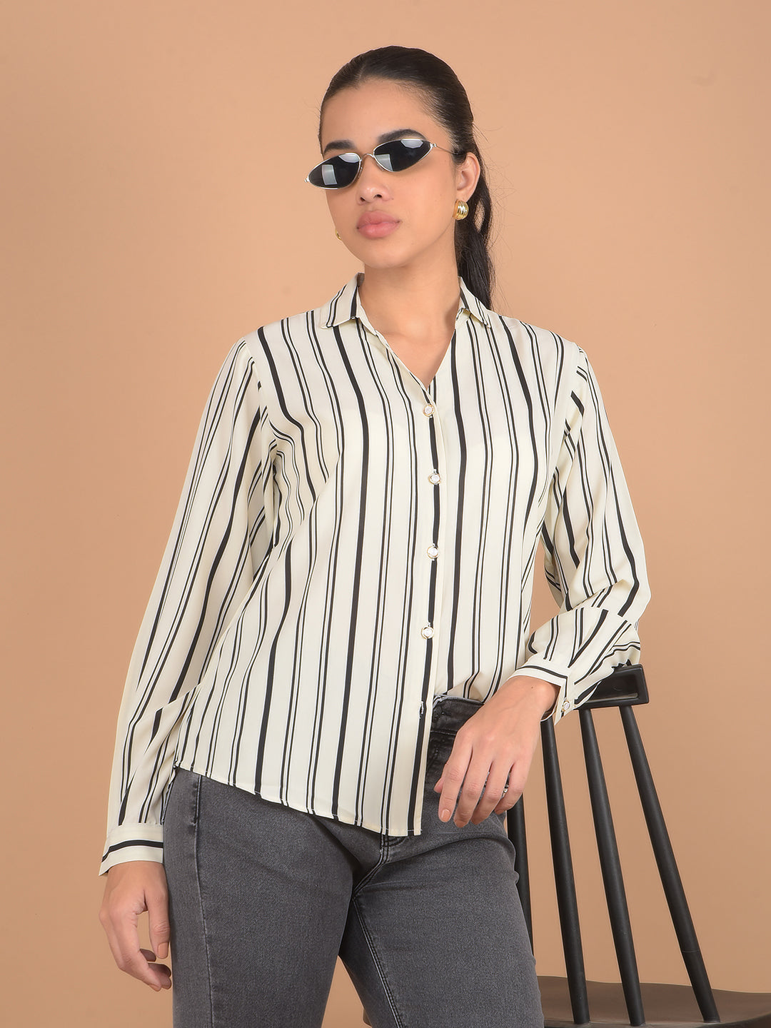 White Vertical Stripes Shirt-Women Shirts-Crimsoune Club