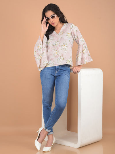 Pink Floral Print V-Neck Top-Women Tops-Crimsoune Club