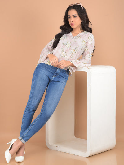 Pink Floral Print V-Neck Top-Women Tops-Crimsoune Club