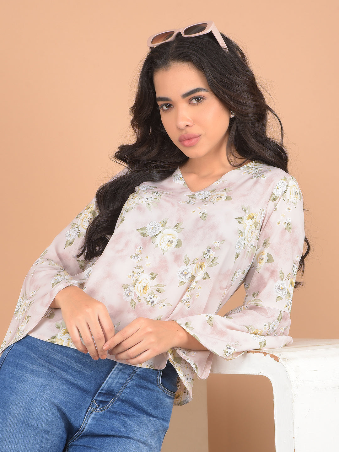 Pink Floral Print V-Neck Top-Women Tops-Crimsoune Club