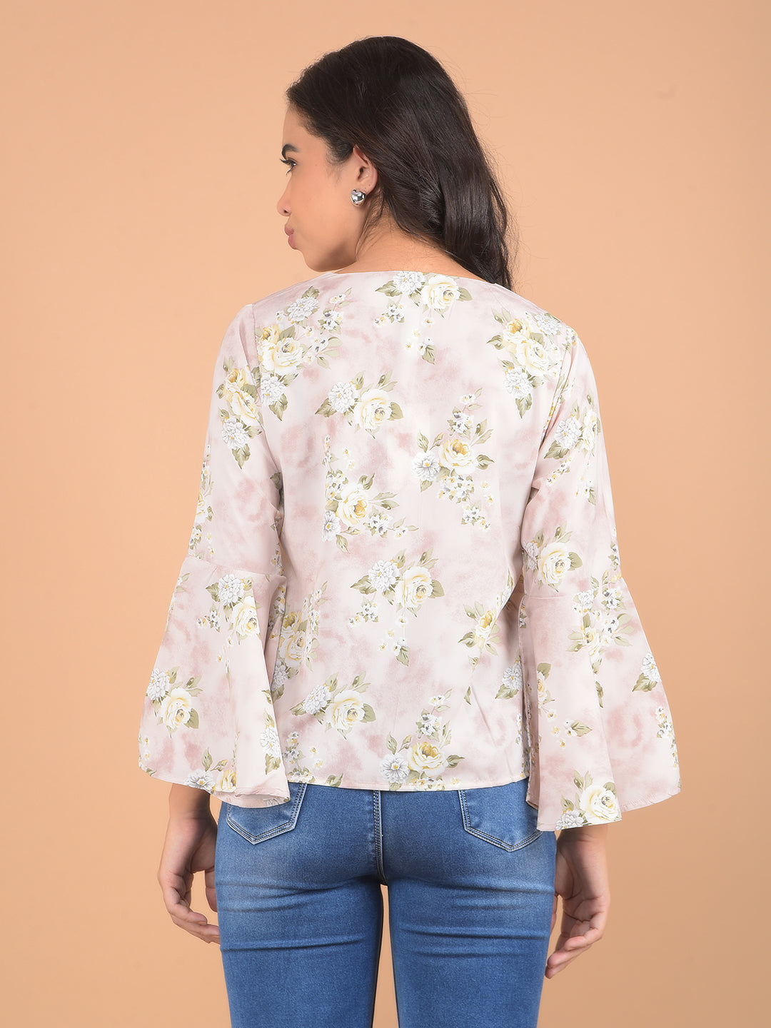 Pink Floral Print V-Neck Top-Women Tops-Crimsoune Club