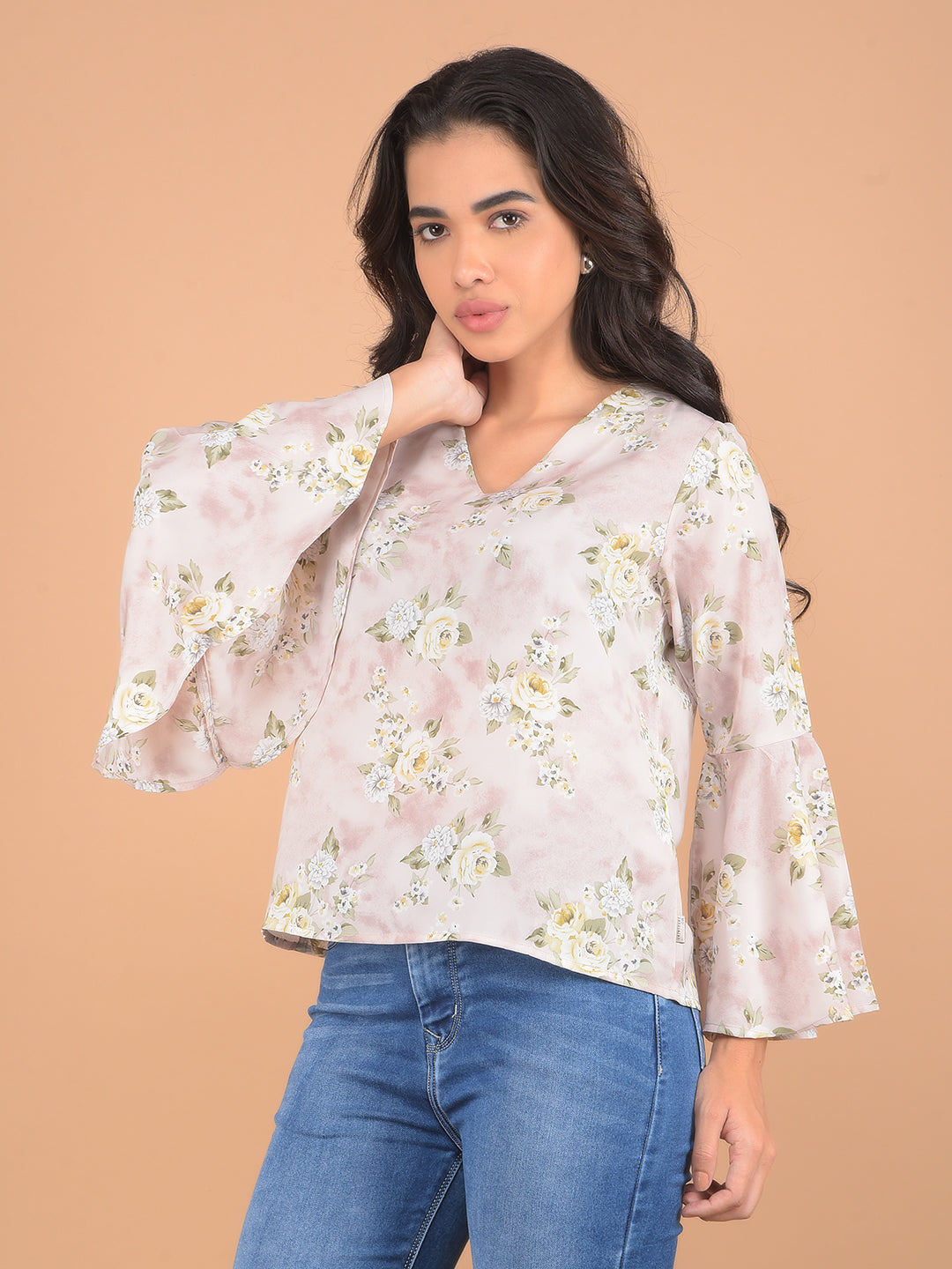 Pink Floral Print V-Neck Top-Women Tops-Crimsoune Club