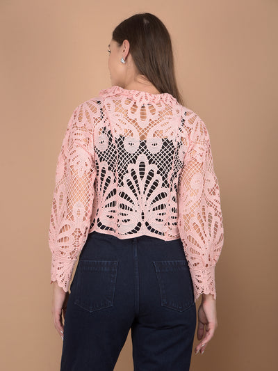 Peach Printed Spread Collar Crochet Crop Top-Women Tops-Crimsoune Club