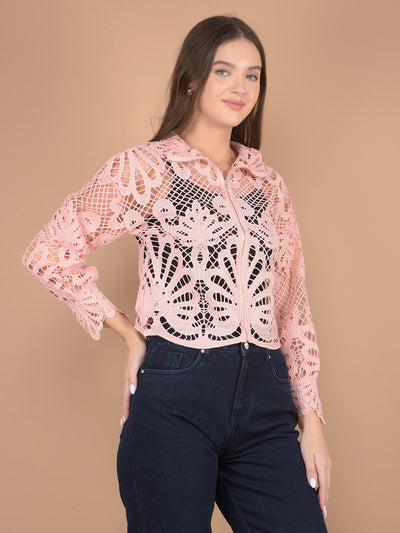 Peach Printed Spread Collar Crochet Crop Top-Women Tops-Crimsoune Club