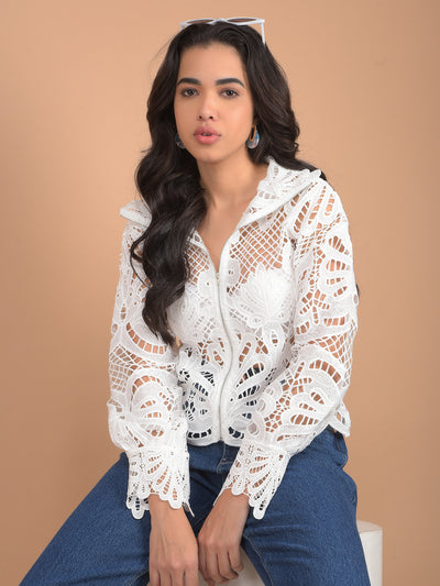 White Printed V-Neck Crochet Crop Top-Women Tops-Crimsoune Club